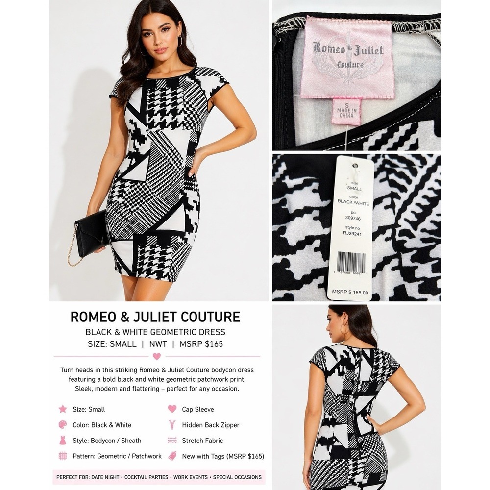 Romeo & Juliet Couture Dress Small Black White Geometric Bodycon Sheath Chic NWT - Picture 2 of 12